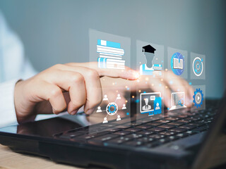 Concept of Online education. woman use Online education training and e-learning webinar on internet for personal development and professional qualifications. Digital courses to develop new skills