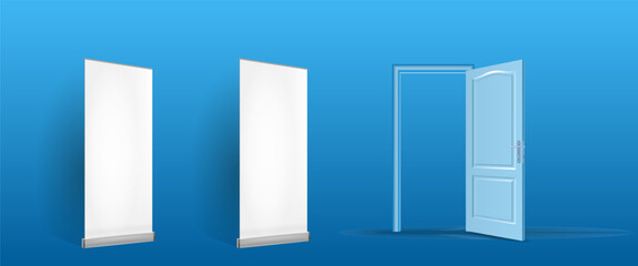 The interior of an empty room with a white banner and an open door.
Free space for copying, 3d vector image.