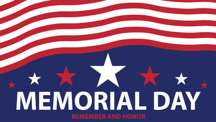 Memorial Day vector horizontal banner design with United States of American flag stripes and stars, typography and red and red, blue and whites colors. Memorial Day poster background illustration.