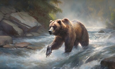 Grizzly bear hunting for salmon in a river