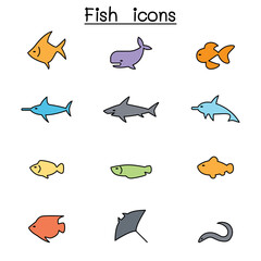 Fish color line icon set