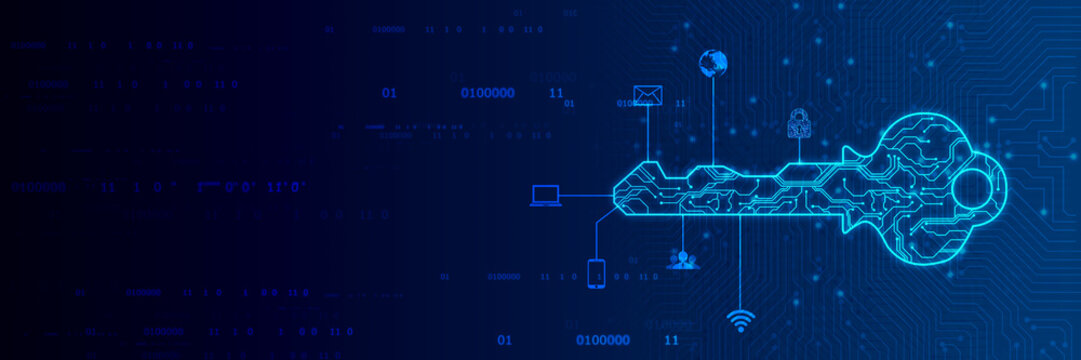 Concept of cyber security or private key, abstract digital key in technology background with internet icons, Security Concept background