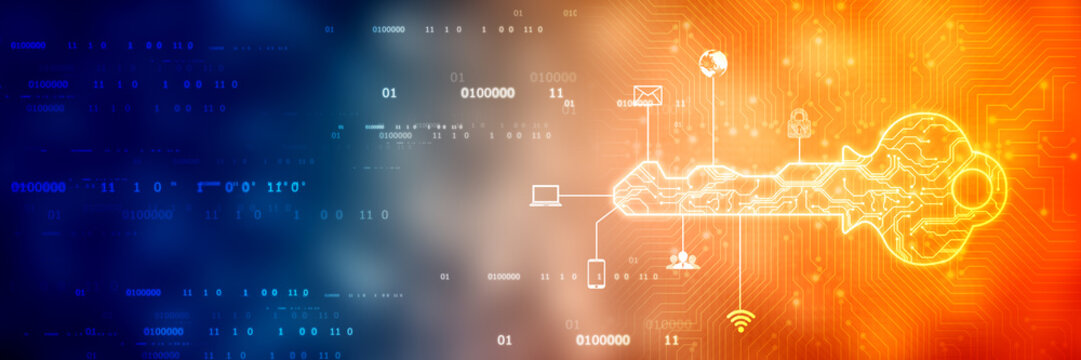 Concept of cyber security or private key, abstract digital key in technology background with internet icons, Security Concept background