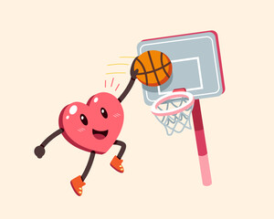 Vector cartoon heart character playing basketball for design.