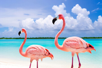 Pink flamingos on the sandy shore.
Azure sea and white sand. Beach on 
Maldives. Tropical landscape. Generative AI.