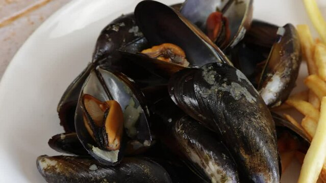 assiette de moules et frites, en gros plan