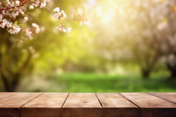 Naklejka na ściany i meble Empty wooden table top with out of focus at garden bokeh background, Generative Ai.
