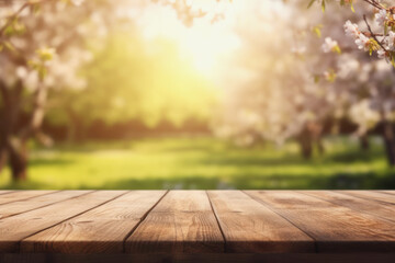 Naklejka na ściany i meble Empty wooden table top with out of focus at garden bokeh background, Generative Ai.