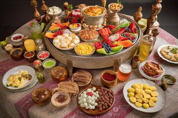 a traditional iftar feast with a variety of dishes and sweets, created with generative ai