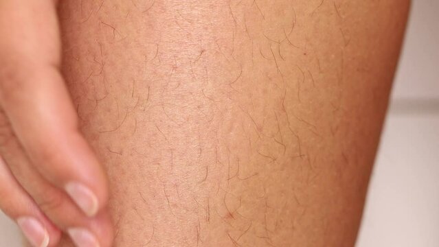 Female hand stroking hairy legs against hair growth closeup. Body skin covered with hair, unshaven legs. Skincare, epilation, beauty treatment. Self acceptance and body positive concept.