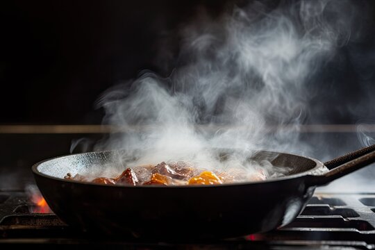 a shot of a sizzling skillet, with smoke rising from the hot cooking surface, created with generative ai