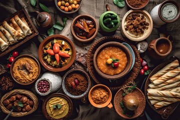 Fototapeta na wymiar a spread of delicious and traditional ramadan food, created with generative ai