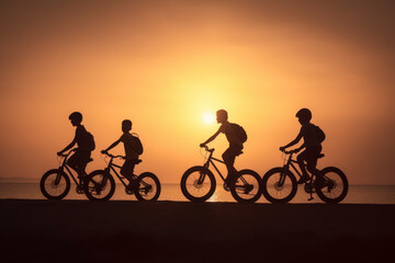 Fototapeta na wymiar Active Childhood: Friends Riding Bicycles in the Sunny Park. AI illustration.