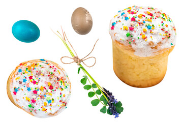 Mouse hyacinth and Easter eggs, Easter cake. Small bouquet on a white background. Muscari. spring flowers.