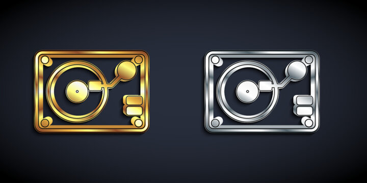 Gold and silver Vinyl player with a vinyl disk icon isolated on black background. Long shadow style. Vector
