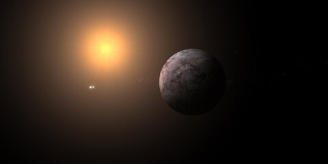 Exoplanet Proxima Centauri b with Alpha Centauri binary stars and red dwarf star - obrazy, fototapety, plakaty