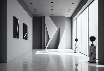Abstract interior design of modern showroom with empty white concrete floor and gray wall background - 3d rendering. Generative AI