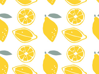 Seamless Lemon Fruit with leaves pattern, hand drawn doodle sketch isolated. Repeated Flat vector Food template for menu, nursery design, wallpaper, wrapping, packing, textile, scrapbooking