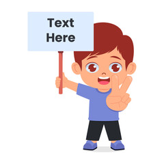 Cute boy holding blank banner,showing peace with two fingers