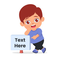 Cute boy pointing at empty banner while leaning back