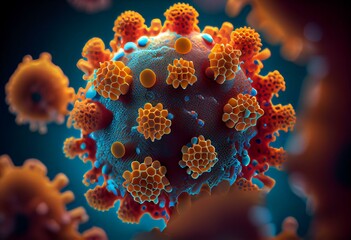 Illustration of macro cells of coronavirus spreading. Precaution cleanliness hygiene coronavirus pan. Generative AI