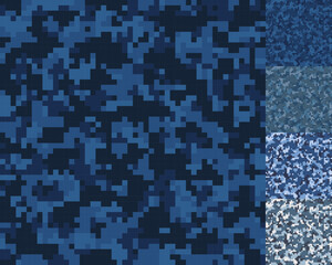 Fototapeta premium Pixelated blue military camouflage patterns. Army seamless pixel camo. Army and hunting camouflage ornament. Masking design for army or hunting. Vector illustration for fabric design and clothes