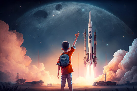 boy waving goodbye to spaceship, Generative AI