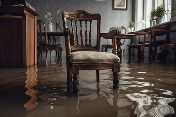Fototapeta na wymiar Chair in domestic room standing in water, flood concept. Generative AI illustration
