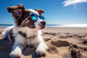 Cute dog with sunglasses on the beach. Travel and vacation concept. Generative AI