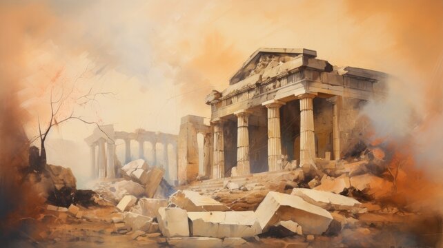 Illustration of an ancient greek temple in ruins - Generative AI