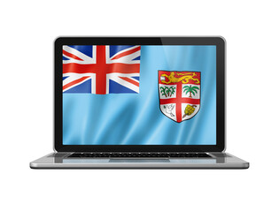 Fijian flag on laptop screen isolated on white. 3D illustration