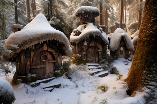 Small houses in winter forest where live of dwarves
