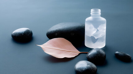 Nature's Elixir: Shimmering Bottle with Stones and Leaves Mockup
