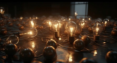 Many unlit lightbulbs lie, a lightbulb in the middle shines brightly,