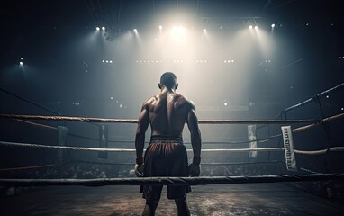 Fototapeta premium Boxing champion standing on arena. Rear view of shirtless man in boxing gloves. Muscular build concept. Generative Ai.