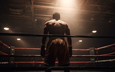 Obraz na płótnie Canvas Boxing champion standing on arena. Rear view of shirtless man in boxing gloves. Muscular build concept. Generative Ai.