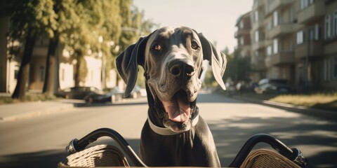 Great Dane dog have fun bicycle ride on sunshine day morning in summer on town street - obrazy, fototapety, plakaty