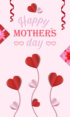 Banner vertical del día de la madre, flores en forma de corazón 3d y regalos.