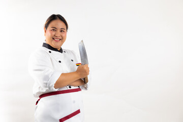 Asian fat woman head chef wearing cooking uniform, holding knife kitchen tool isolate on white background.  Gastronomy expert. Professional cooking, culinary and people