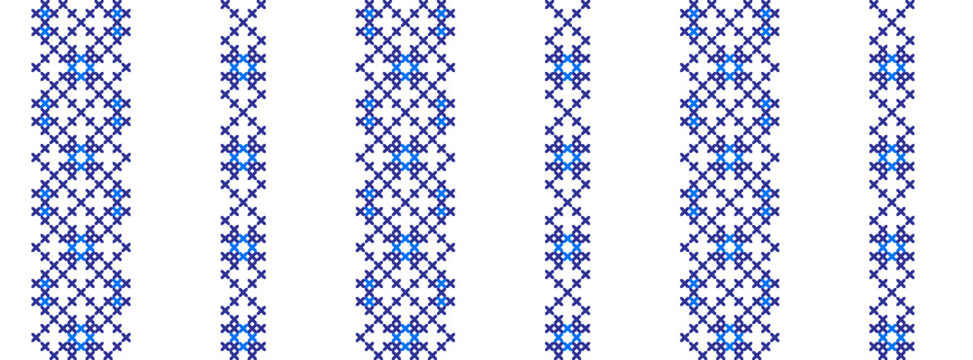 Ukrainian blue striped pattern of cornflower, bluet, bluebottle. Traditional ukrainian cross stitch folk, ethnic pattern