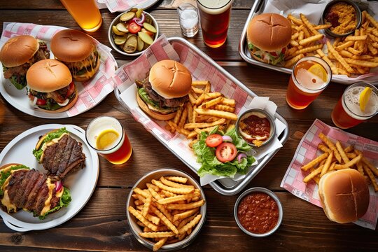 real american food feast, with plates filled with juicy burgers, cheesy fries and refreshing drinks, created with generative ai