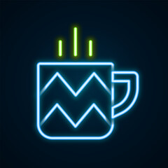 Glowing neon line Cup of tea icon isolated on black background. Colorful outline concept. Vector