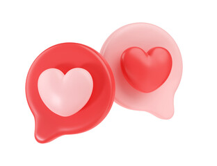3d social media love hearts icon render - two message red bubble for chat and network speech on mobile phone
