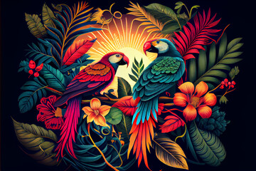 Obraz premium Pattern of tropical leaves in bright and rich colors. Parrots among the leaves.