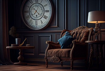 Interior of the room with armchair and clock. Generative AI