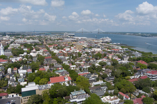 Aerial view of historic Charleston, South Carolina and waterfront.