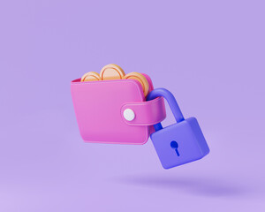 Wallet with Padlock on purple background. Safety payments concept. saving money, financial security, lock money, money protection, wallet protection. 3d icon render illustration. Cartoon minimal