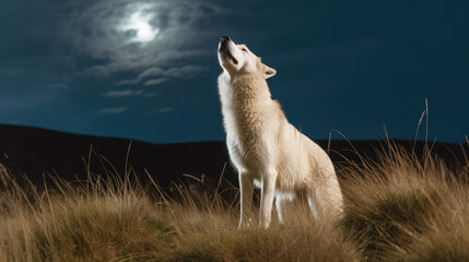 White wolf howling in the forest. Full moon in the sky. Generative AI
