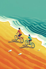 Father and Son Enjoying a Scenic Bike Ride by the Ocean. AI illustration.