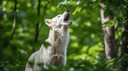 White wolf howling in the forest. Green trees in the background. Generative AI
